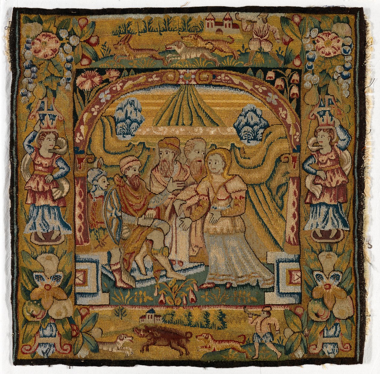 Funda de cojín de tapiz que representa a Susana ante el Juez, realizada en Sheldon, Inglaterra, después de 1600 (lana) de English School