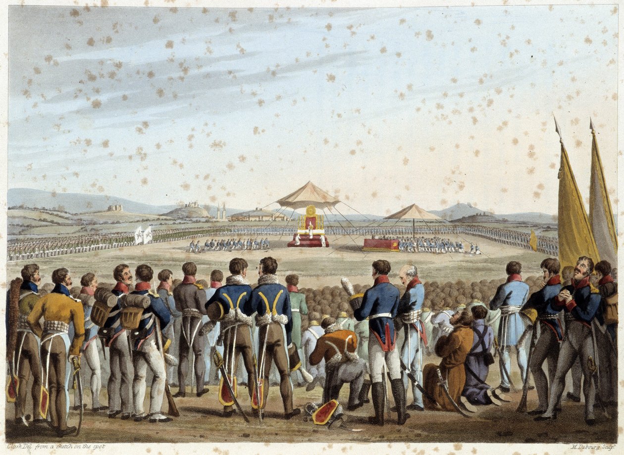 Te deum en el campo de batalla en "Anécdotas e incidentes históricos, militares y navales que llegaron a los brazos de Gran Bretaña y sus aliados, terminando en Waterloo" por Edward Orme. Ilustrado por Fry, Sutherland, Clark, Dubourg, W.Heart, JA, Atkinson de English School