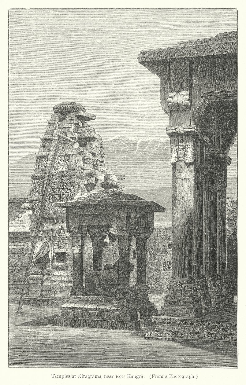 Templos de Kiragrama, cerca de Kote Kangra (grabado) de English School