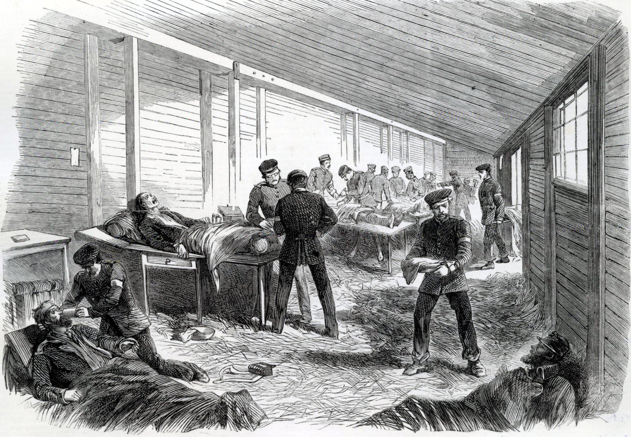 Hospital de campaña temporal detrás del Segundo Paralelo Prusiano en Dueppel, 1864 de English School