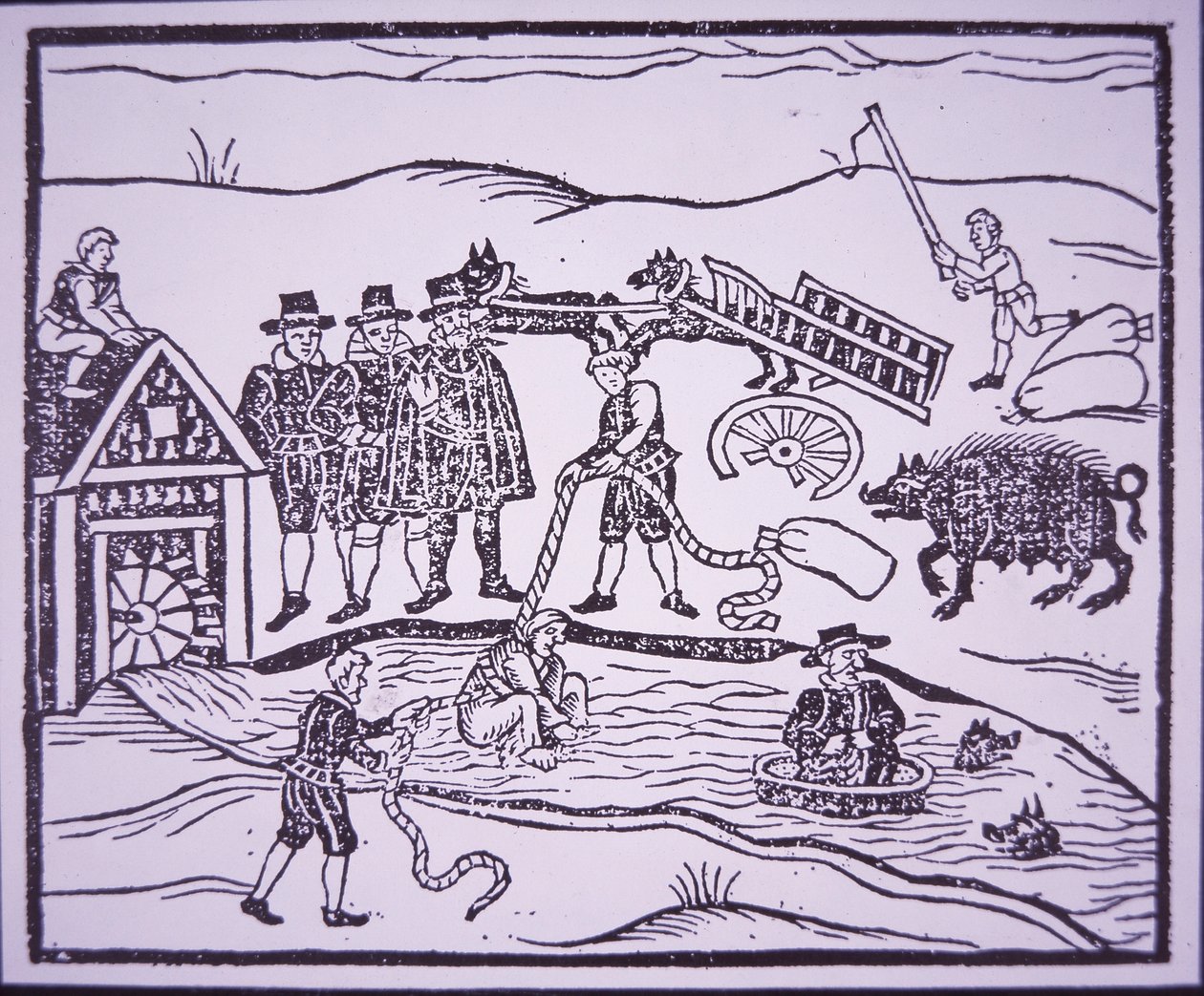 Prueba de brujas arrojándolas a un río (xilografía) de English School
