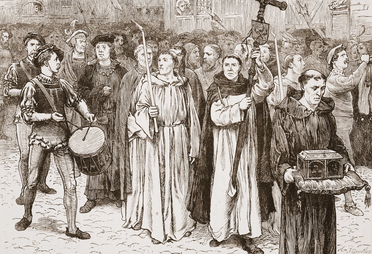 Procesión de Tetzel, ilustración de La Historia del Protestantismo de James Aitken Wylie, pub. 1878 de English School
