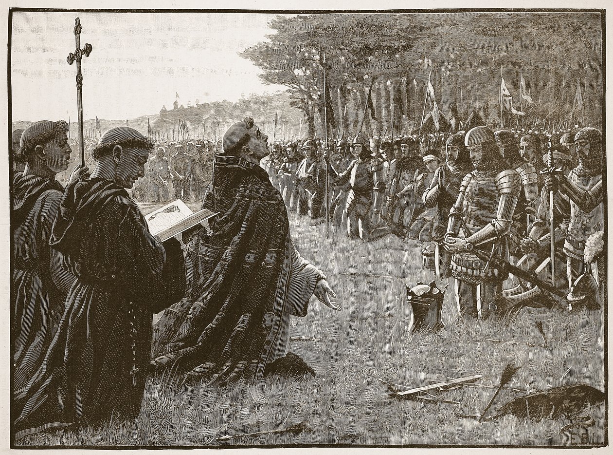 Acción de gracias del ejército inglés después de la Batalla de Agincourt, 25 de octubre de 1415, ilustración de Cassells Illustrated History of England de English School