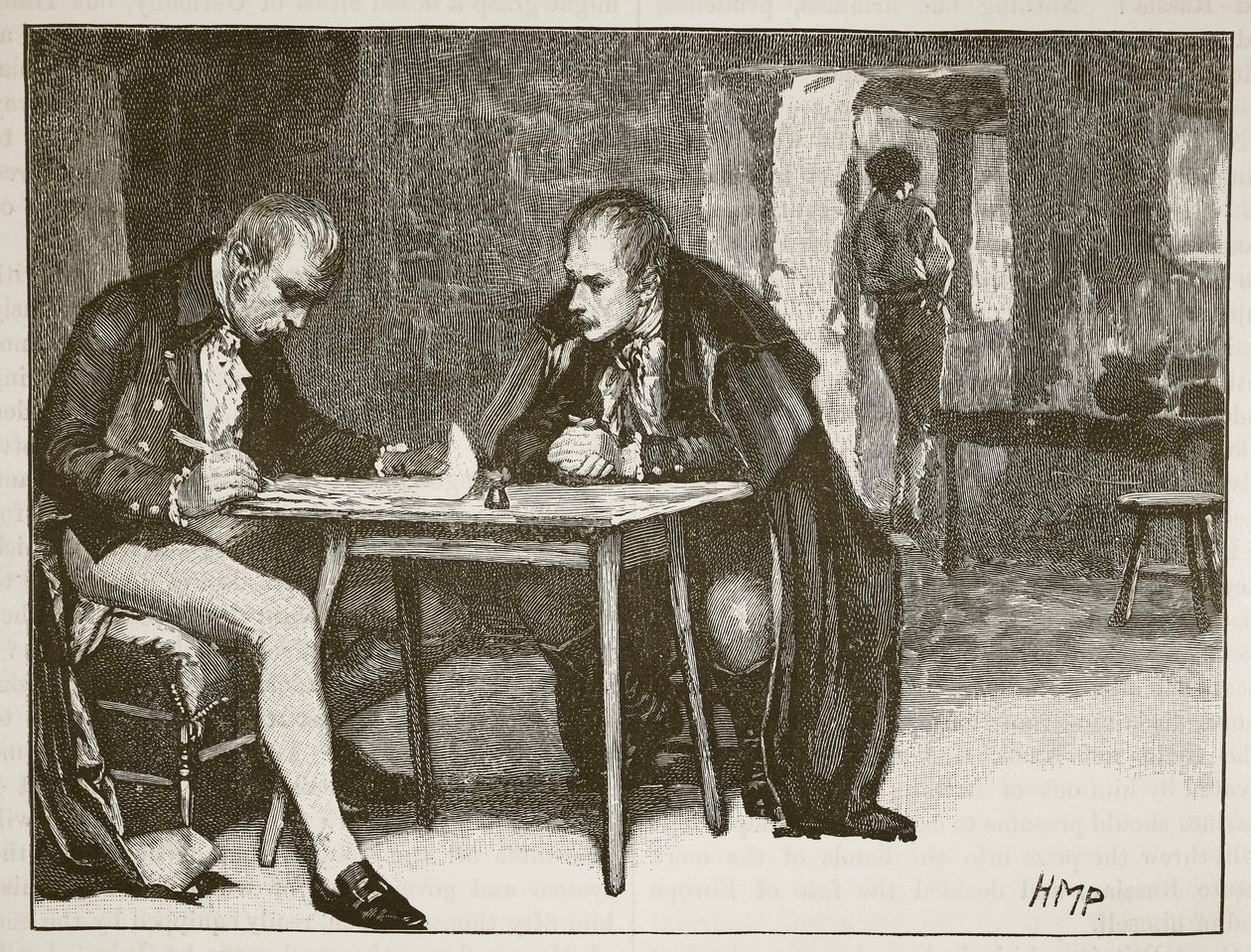 Los agentes de Gran Bretaña y Suecia firmando el tratado contra Napoleón, ilustración de Cassells Illustrated History of England de English School