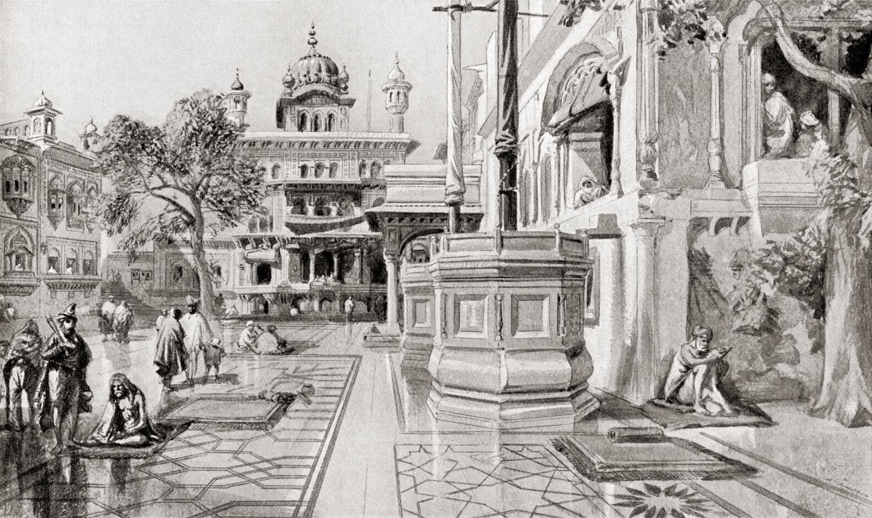El Akal Takht o Akal Bunga, complejo Harmandir Sahib (Templo Dorado), Amritsar, Punjab, India en 1864, de la Historia de las Naciones de Hutchinson, pub.1915. de English School