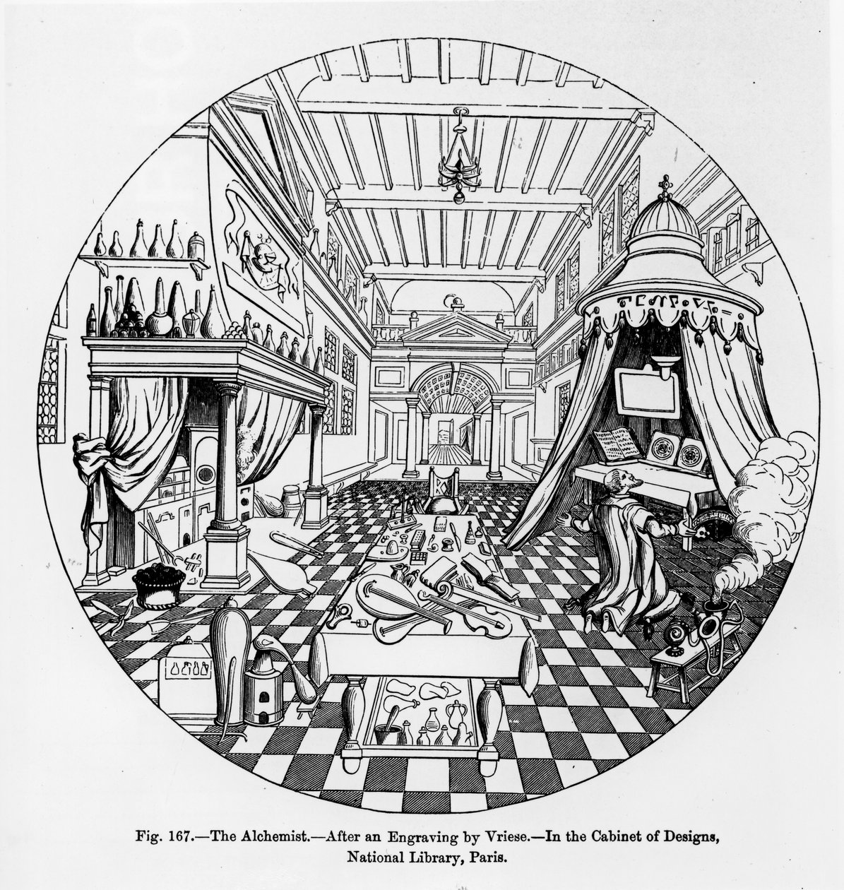 El Alquimista, después de un grabado de Vriese, ilustración de Ciencia y Literatura en la Edad Media y el Renacimiento, escrito y grabado por Paul Lacroix, 1878 de English School