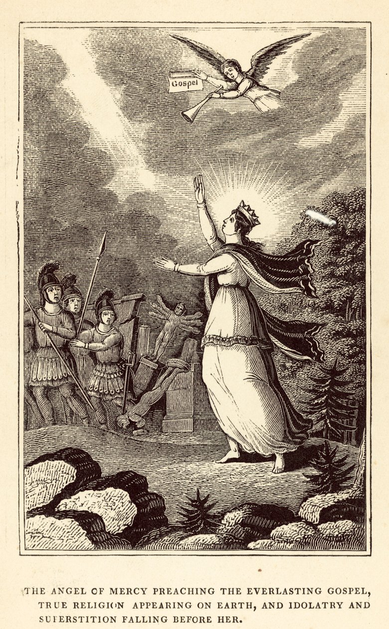 El Ángel de la Misericordia predicando el Evangelio Eterno, la Verdadera Religión apareciendo en la Tierra (grabado) de English School