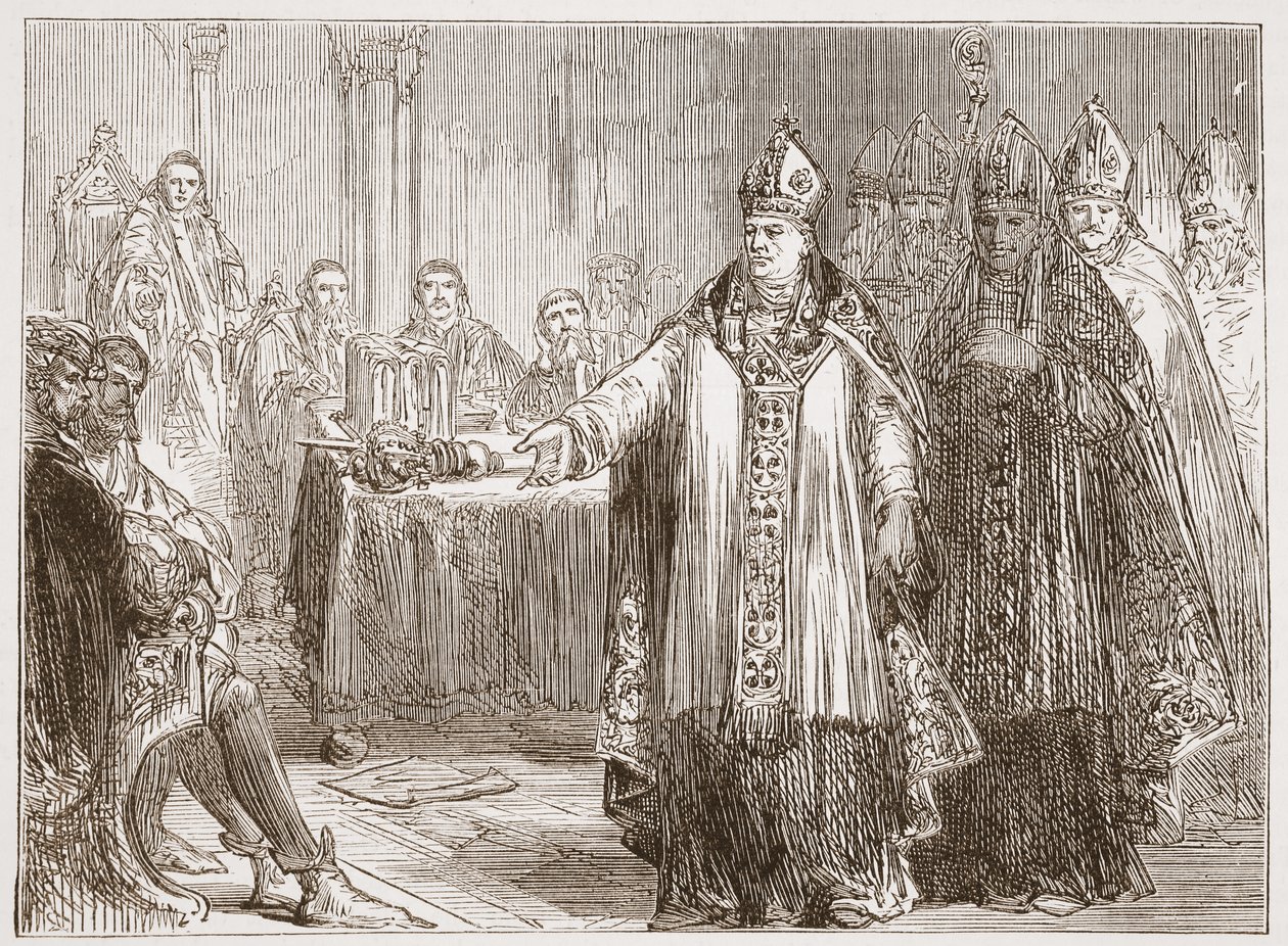 Los Arzobispos de York y Canterbury ante el Parlamento en la Abadía de Westminster, ilustración de La Historia del Protestantismo de James Aitken Wylie, pub. 1878 de English School