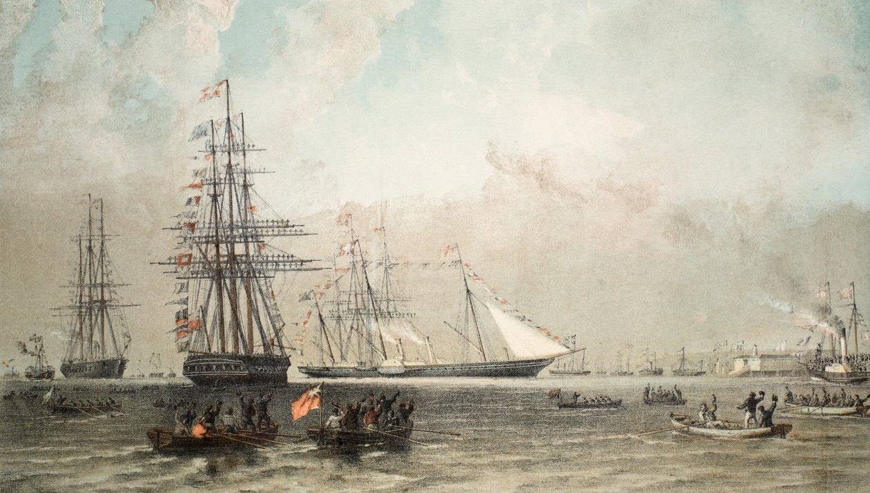 La llegada del yate real frente a Gravesend, 7 de marzo de 1863, de A Memorial of the Marriage of Edward VII and Alexandra of Denmark, pub. 1864 de English School