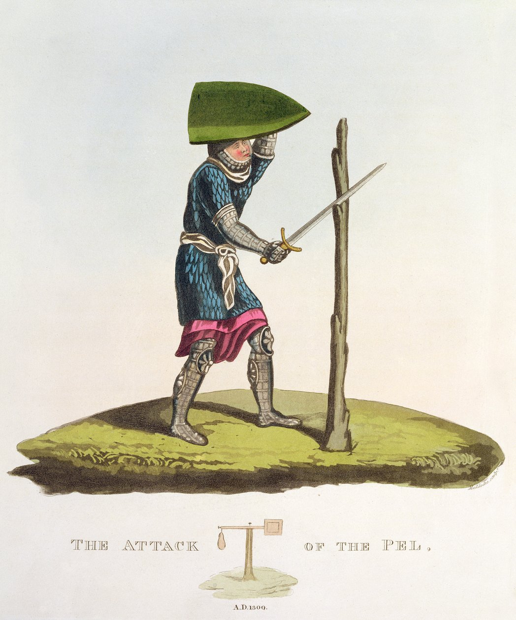 El ataque del Pel, 1300, grabado por W. Maddocks, de Ancient Armour por Samuel Rush Meyrick, 1824 de English School