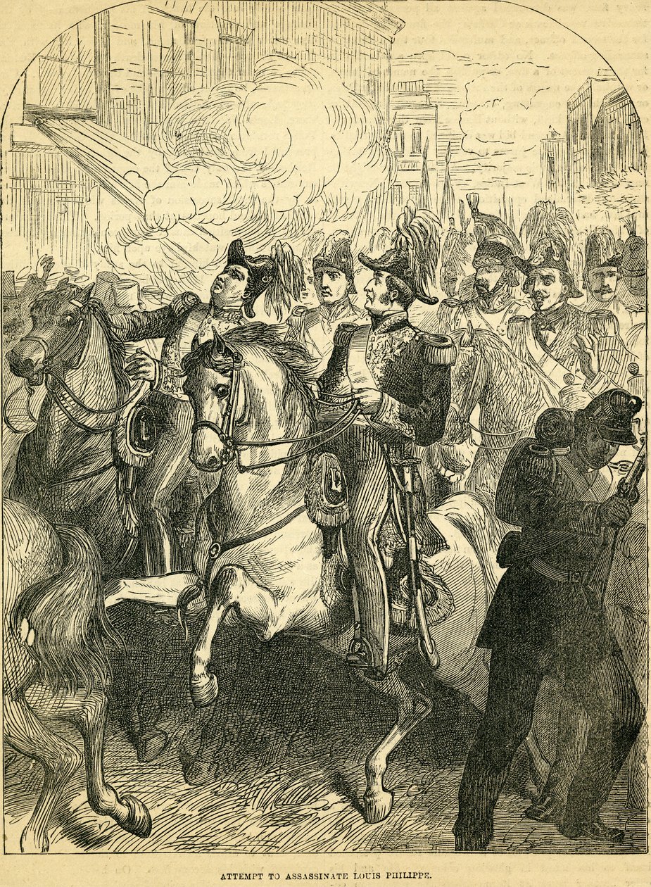El Intento de Asesinato del Rey Luis Felipe de Francia, ilustración tomada de Cassells Illustrated History of England, 1857-1858 de English School