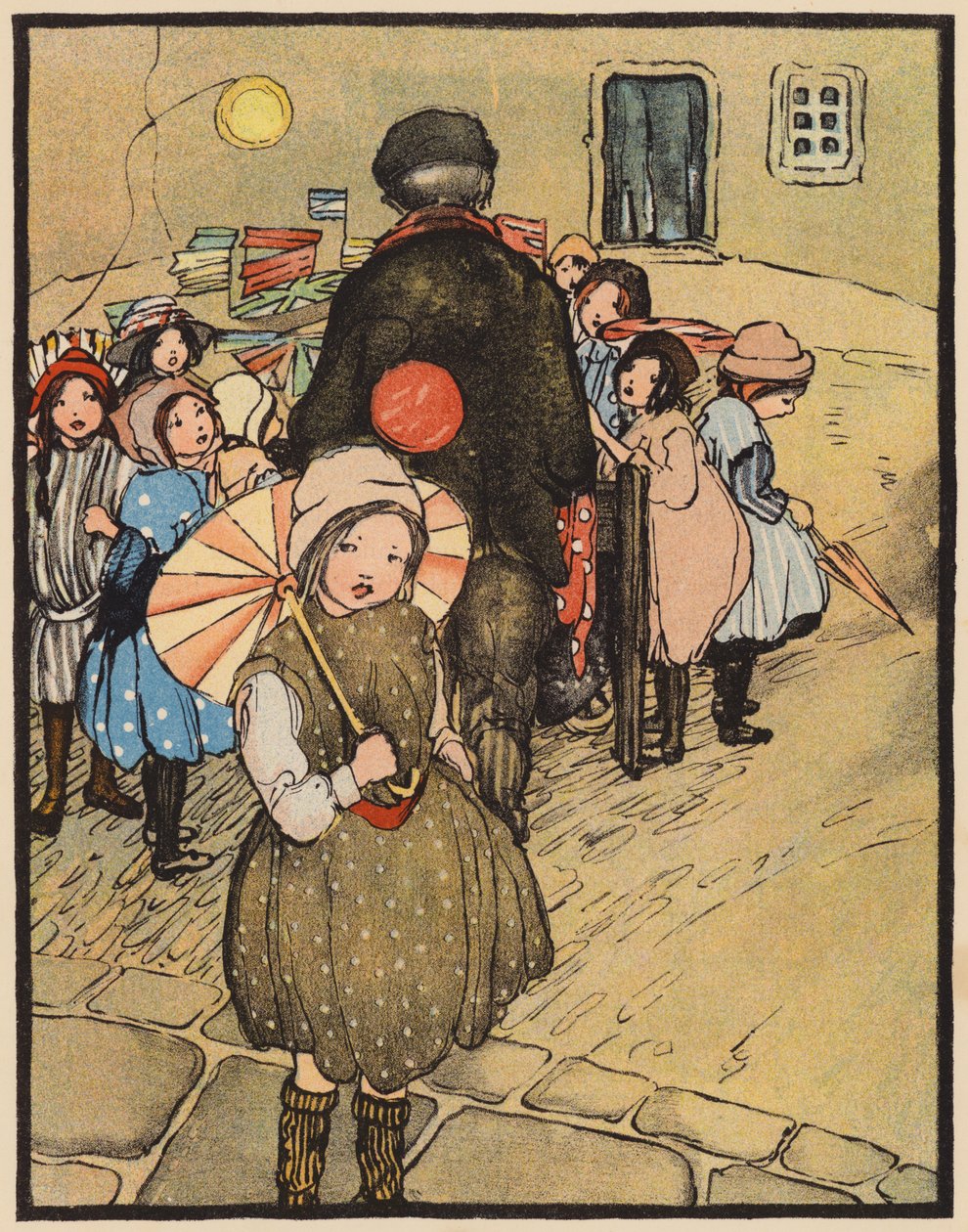 El hombre de los globos llega al pueblo (litografía en color) de English School