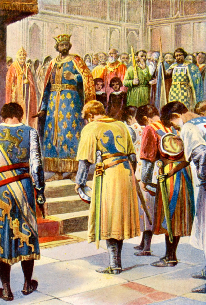 Los barones piden a Enrique III que convoque un Parlamento (litografía en color) de English School