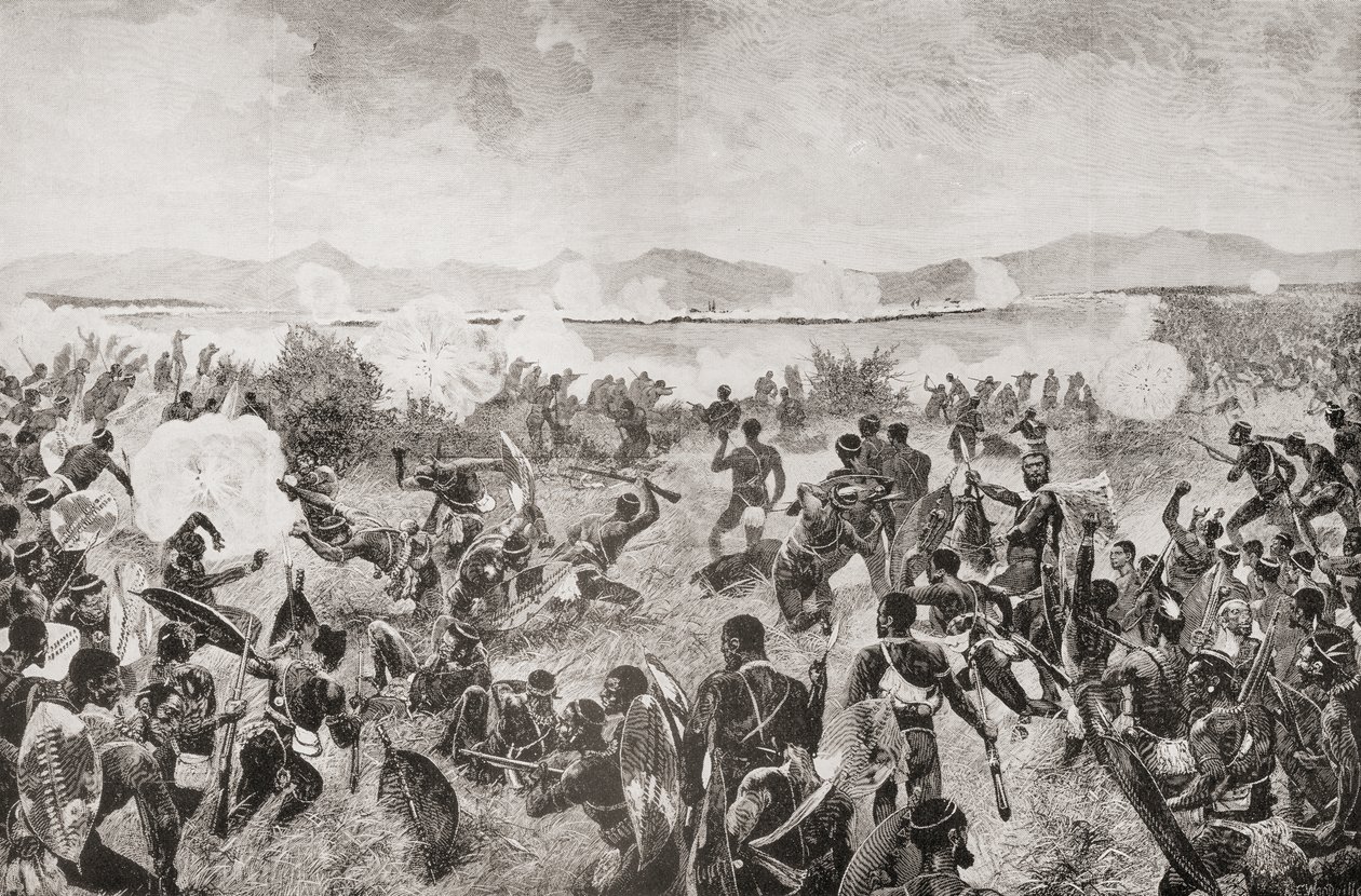 La batalla de Ulundi en 1879, que muestra la acometida final de los zulúes y la plaza británica a lo lejos, de "South Africa and the Transvaal War: Vol. 1" de Louis Creswicke, publicado en 1900 (litografía). de English School