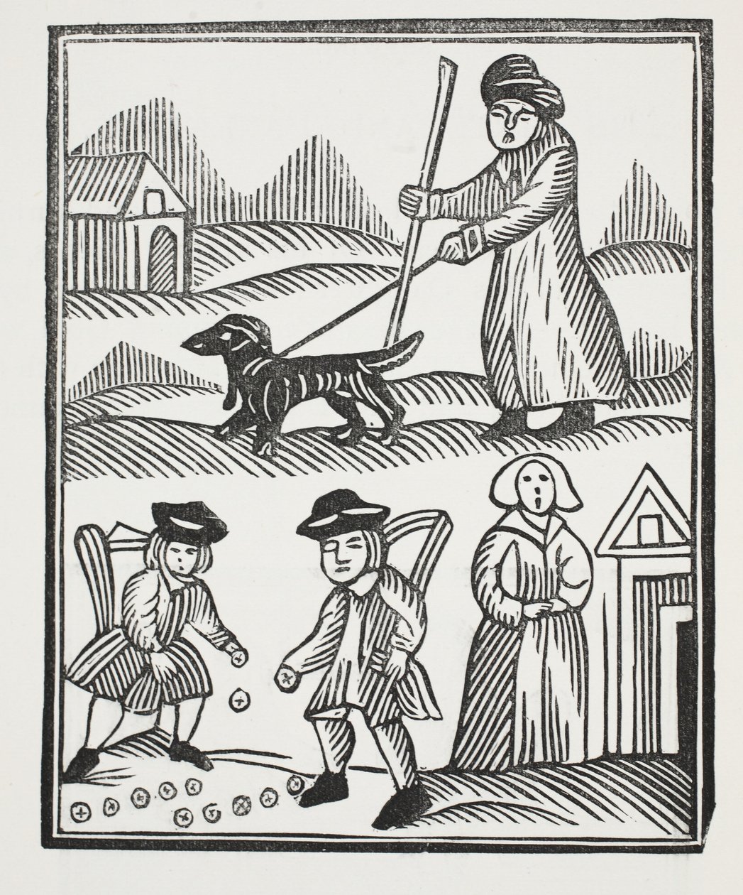 El mendigo viajando con su perro, trae a casa una buena cantidad de riqueza para progresar, con la cual supera al caballero, y casa a su hija para su deleite, ilustración de Chap-books del siglo XVIII de John Ashton, pub. 1882 de English School