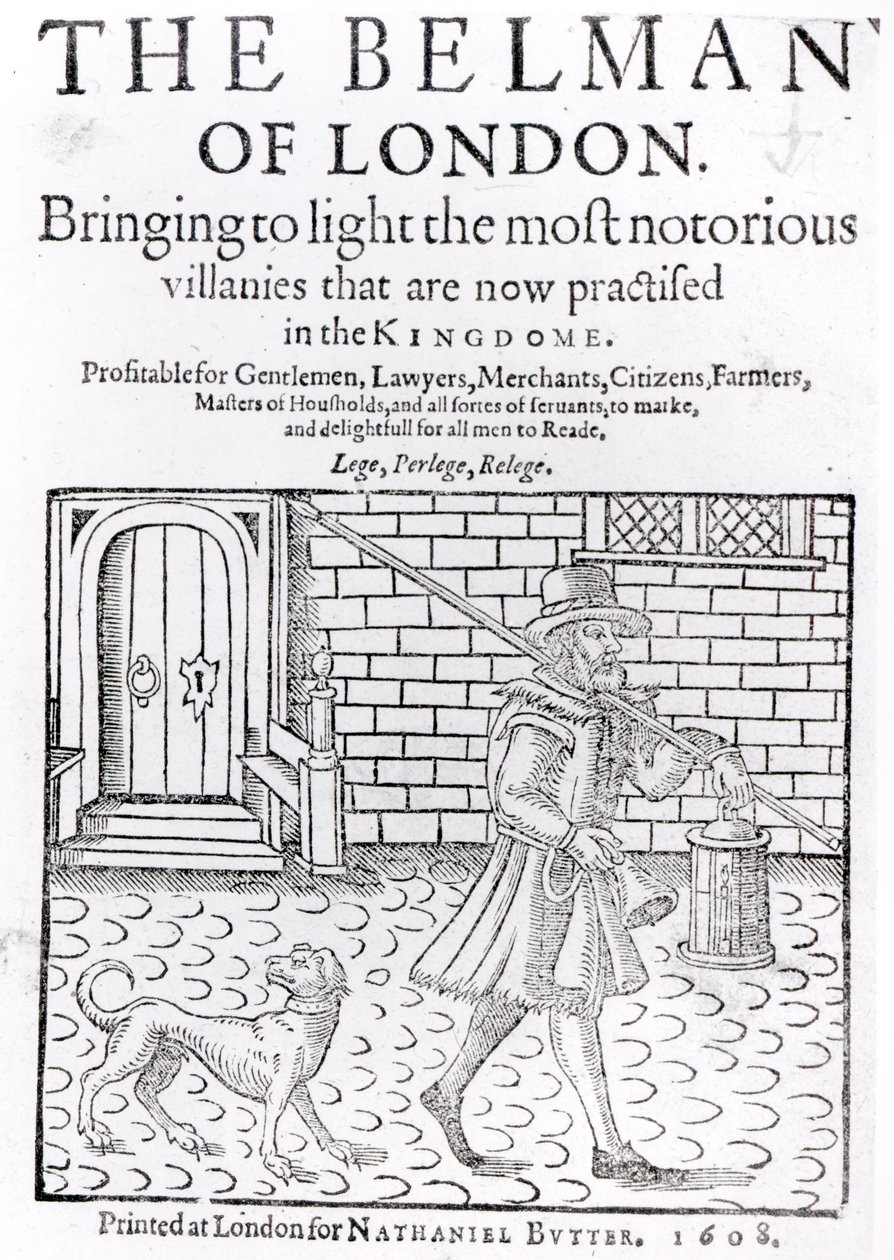 El pregonero de Londres, por Thomas Dekker, portada del libro, impreso por Nathaniel Butter, 1608 de English School