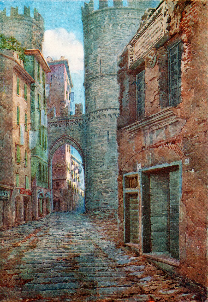 La casa natal de Colón en Génova, Italia, de "Los grandes exploradores Colón y Vasco Da Gama" (grabado) de English School