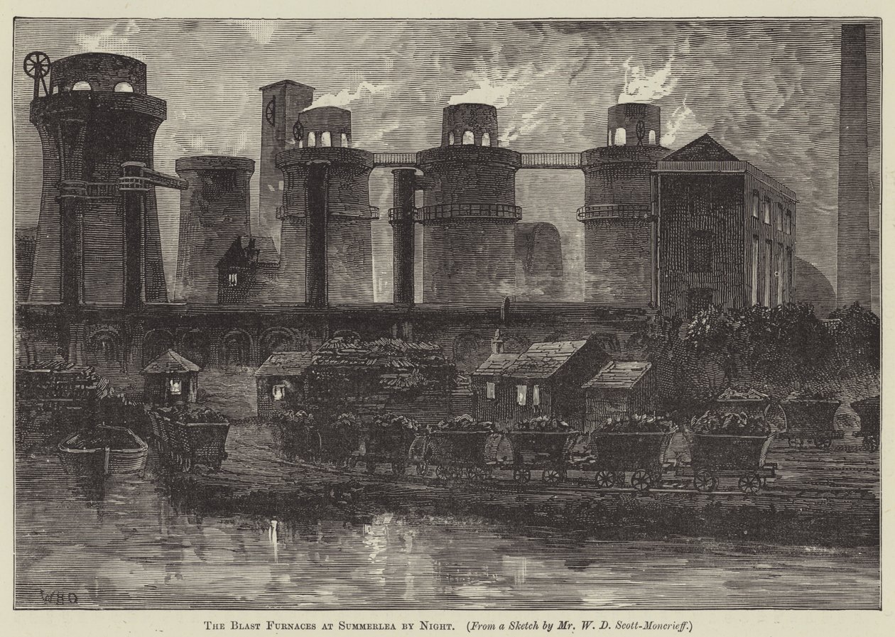 Los altos hornos de Summerlea de noche (grabado) de English School