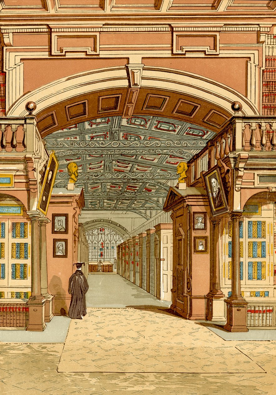 La biblioteca Bodleian, Oxford (grabado coloreado) de English School