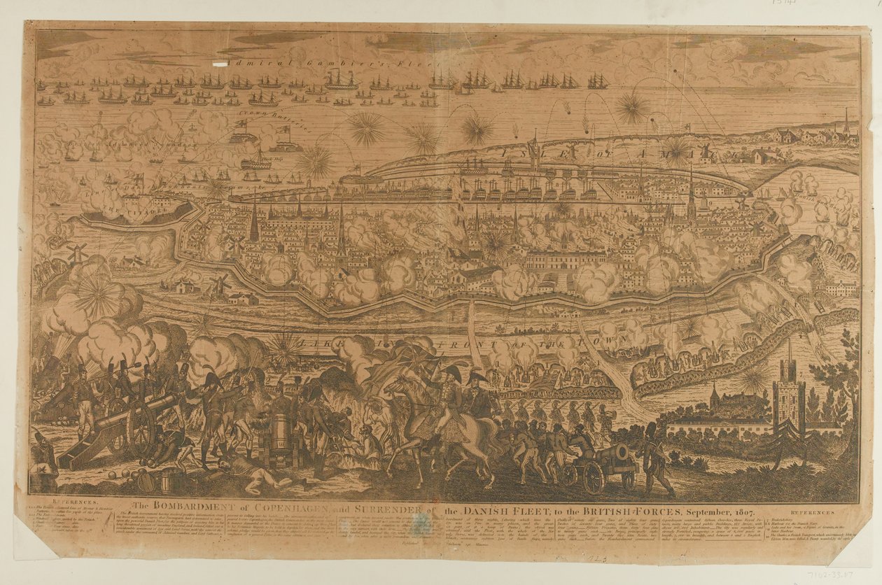 El Bombardeo de Copenhague y la Rendición de la Flota Danesa, septiembre de 1807, publicado por John Fairburn en 1807 de English School