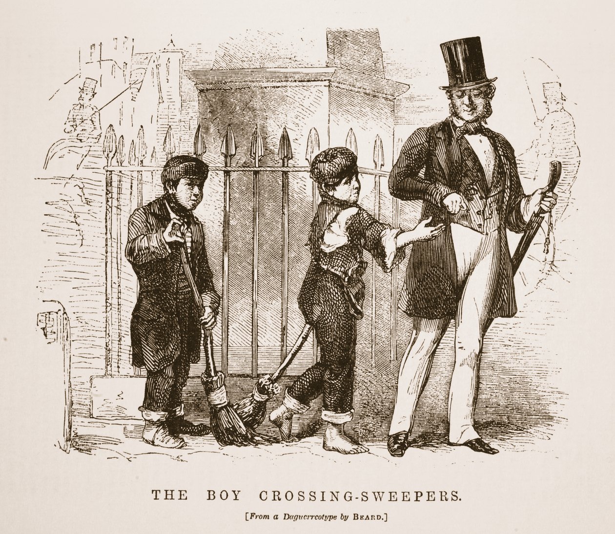 Los barrenderos de cruces de niños, ilustración de London Labour and London Poor de Henry Mayhew, pub. 1862 de English School