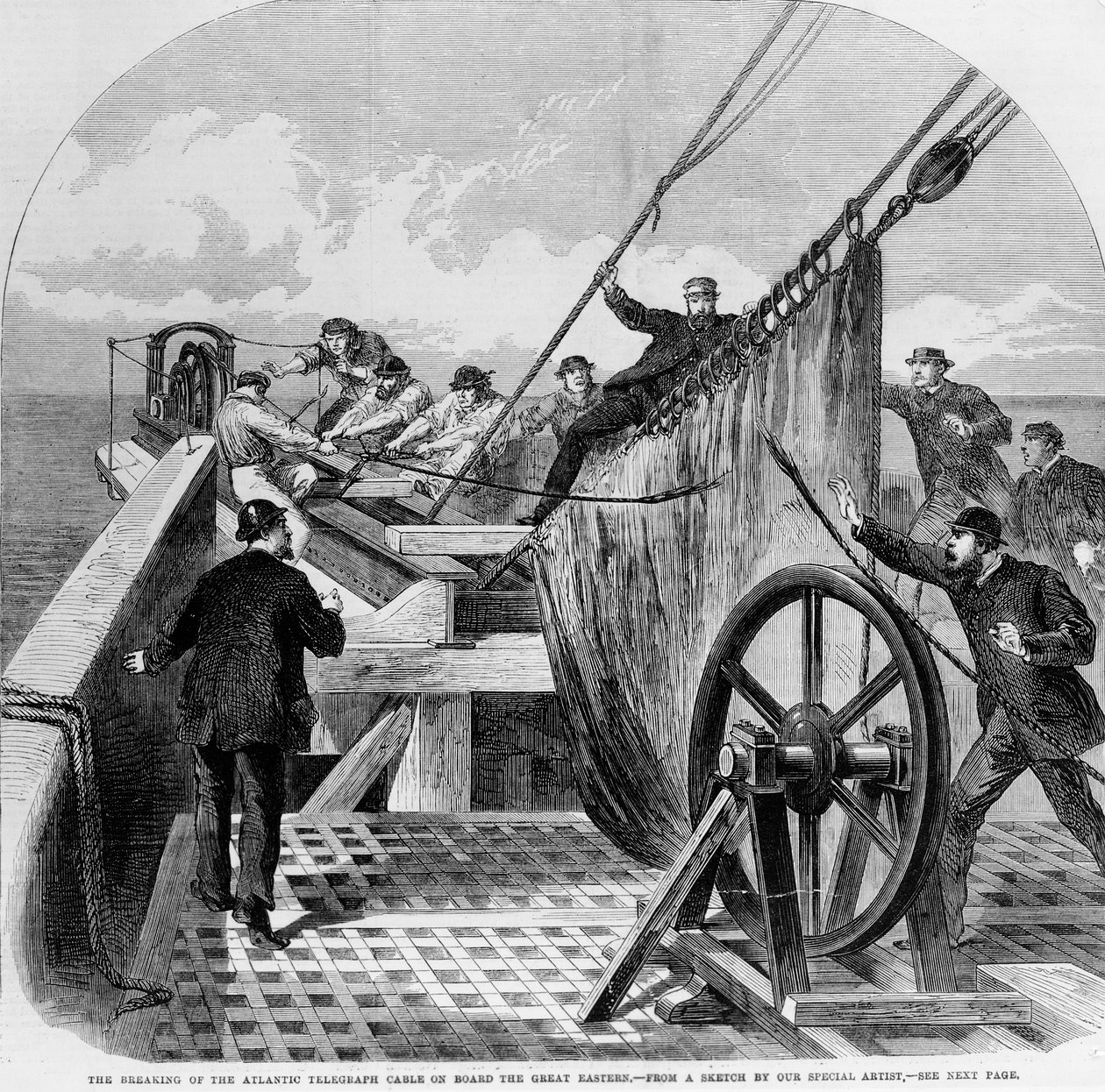 La ruptura del cable telegráfico atlántico a bordo del Great Eastern, 1865 (grabado) de English School