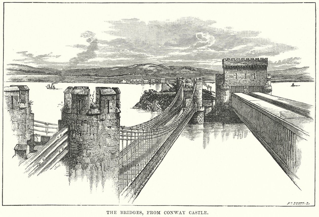 Los puentes, desde el castillo de Conway (grabado) de English School