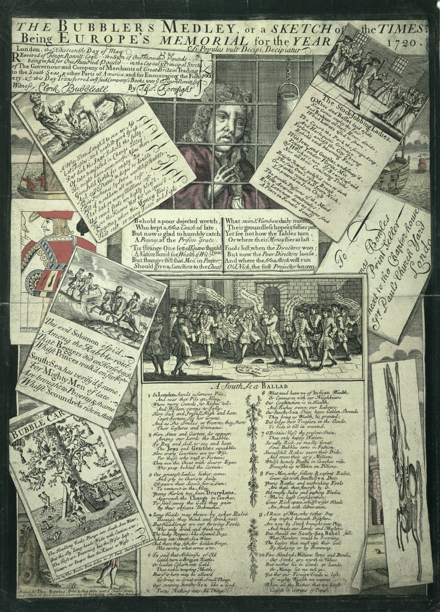 La Mezcla del Burbujero o un Boceto de los Tiempos siendo el Memorial de Europa para el Año 1720, grabado satírico de English School