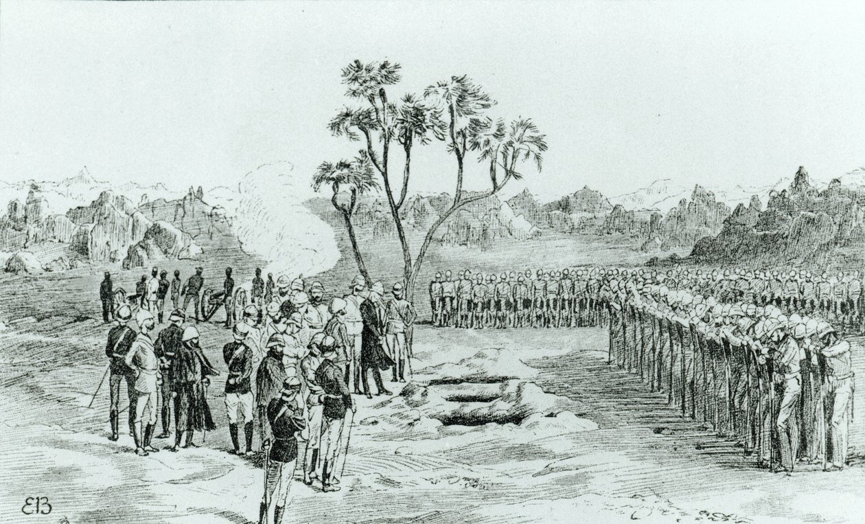 El entierro del General Earle y los Coroneles Eyre y Coveney en Kirbekan, de La Campaña de las Cataratas por el General William Francis Butler, publicado en 1887 de English School