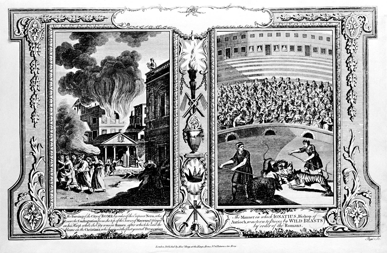 El incendio de la ciudad de Roma y el obispo de Antioquía siendo asesinado por leones, de 