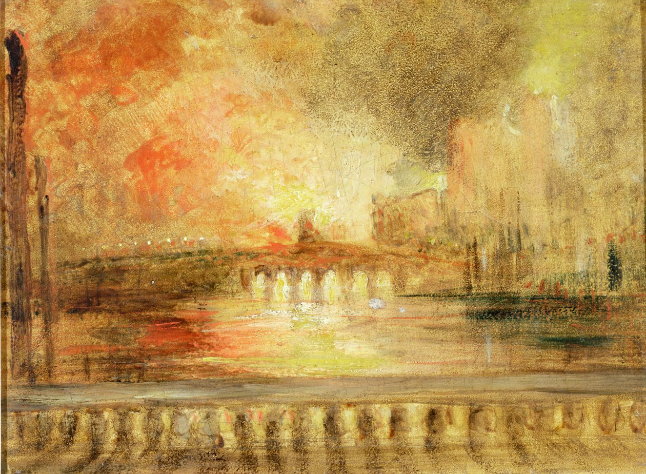 El incendio de las Casas del Parlamento, anteriormente atribuido a J.M.W. Turner (1775-1851) de English School