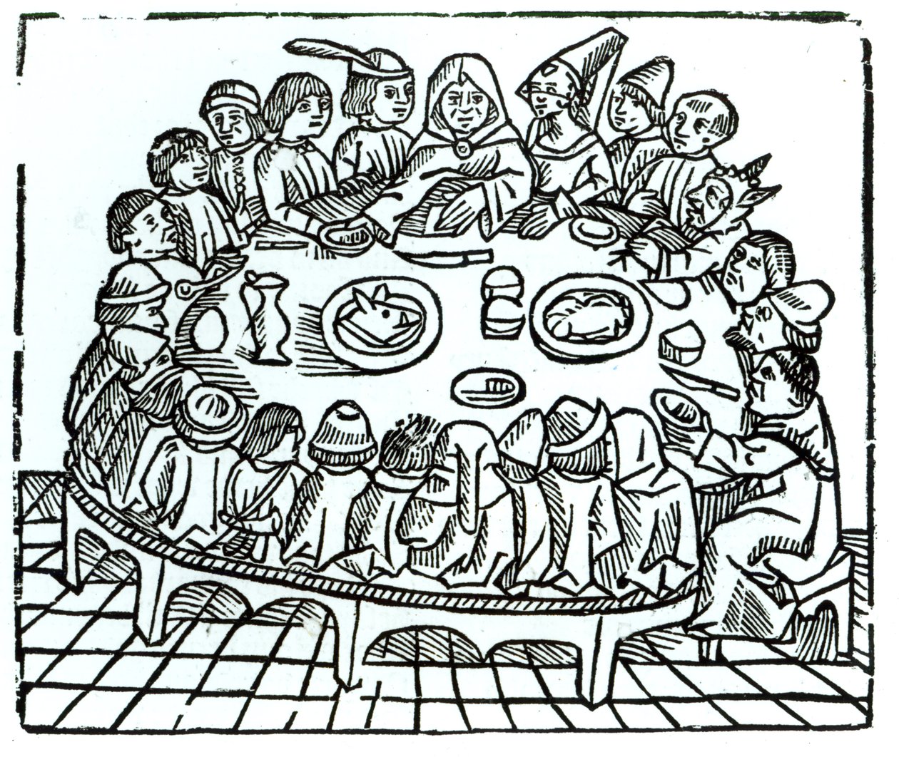 Los peregrinos de Canterbury sentados para una comida compartida, ilustración de 