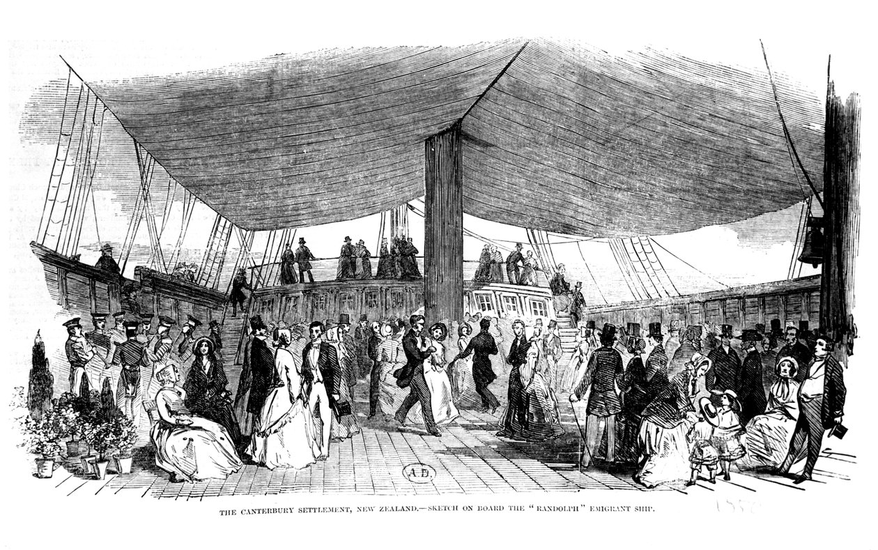 El Asentamiento de Canterbury, Nueva Zelanda - boceto a bordo del barco de emigrantes Randolph, 1850 de English School
