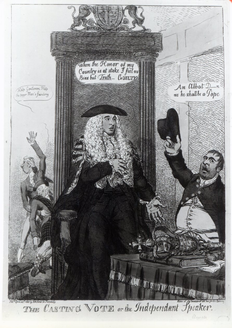 El voto decisivo, o el orador independiente, caricatura satírica que muestra al entonces Primer Ministro, Henry Addington, 1805 de English School