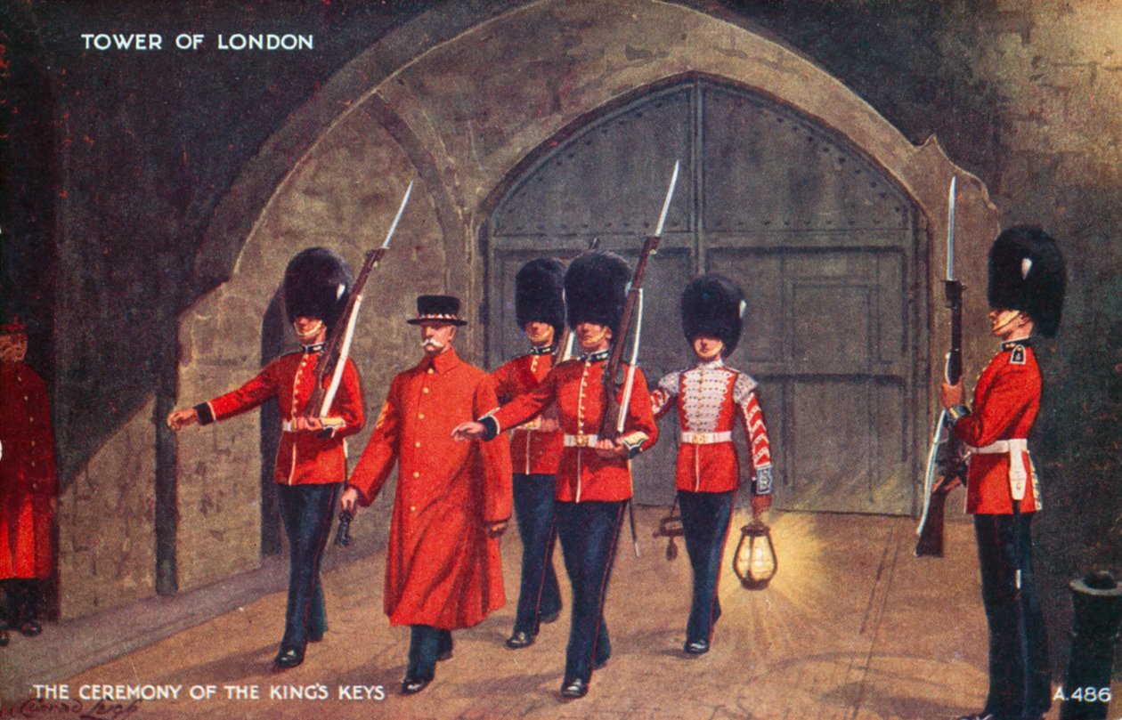 Ceremonia de las Llaves del Rey, Torre de Londres (litografía en color) de English School