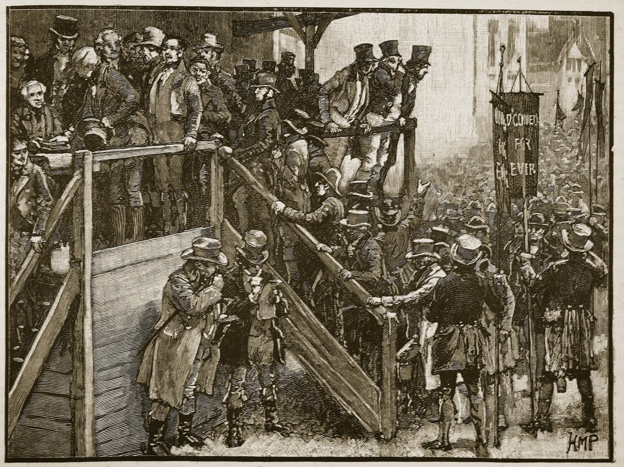 El concurso de Clare: Padre Murphy llevando a sus inquilinos a la votación, ilustración de Cassells Illustrated History of England de English School