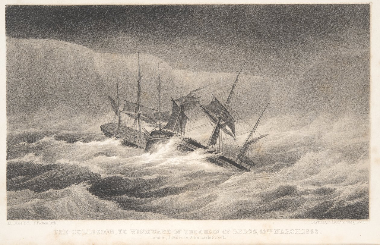 La colisión, del Voyage of Discovery and Research in th Southern and Antarctic Regions del capitán Sir James Clark Ross, pub. 1847 (grabado) de English School