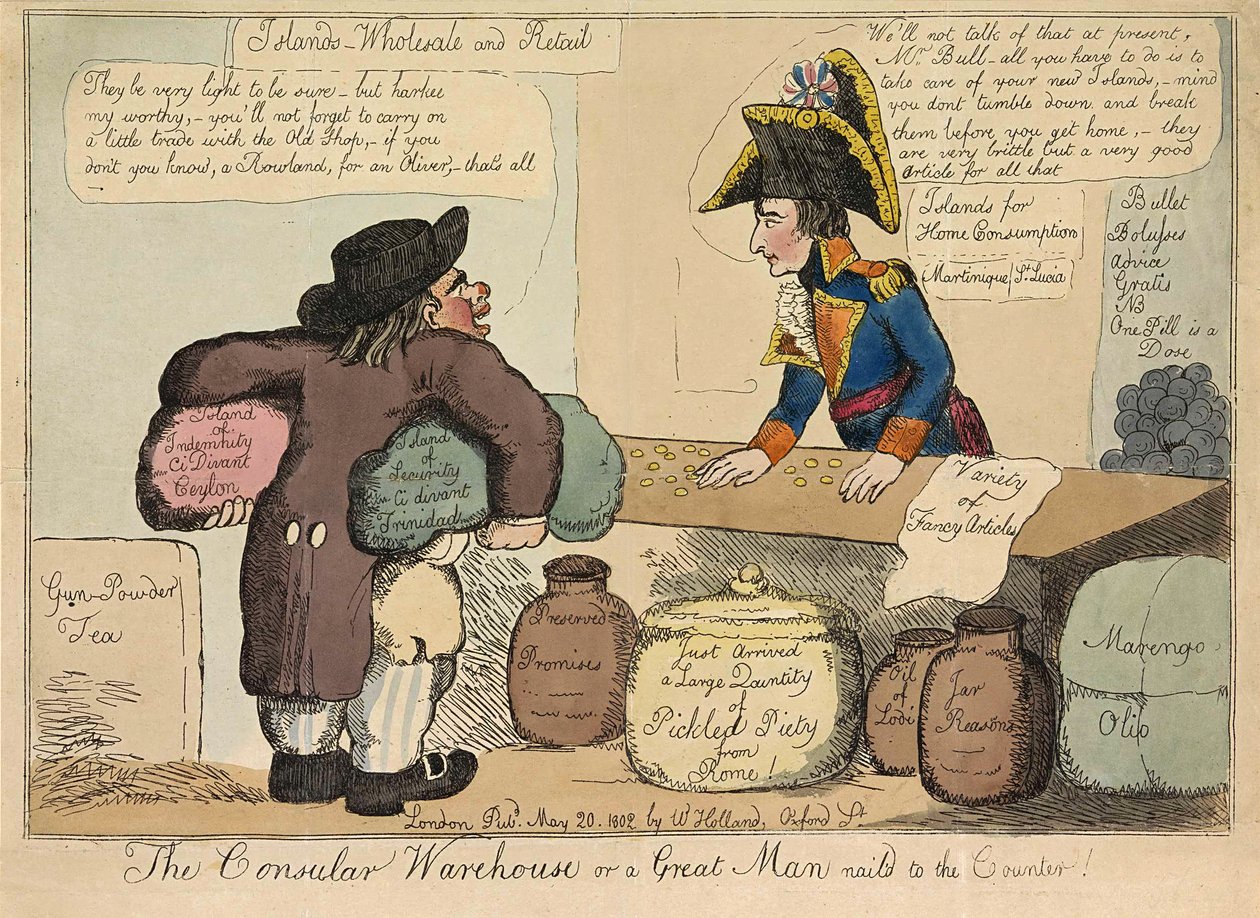 El Almacén Consular o un Gran Hombre clavado al Mostrador, pub. 1802 (grabado coloreado a mano) de English School