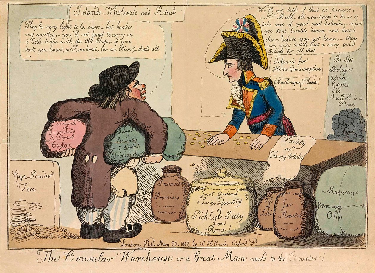 El Almacén Consular o un Gran Hombre clavado en el Mostrador, pub. 1802 grabado a mano coloreado de English School