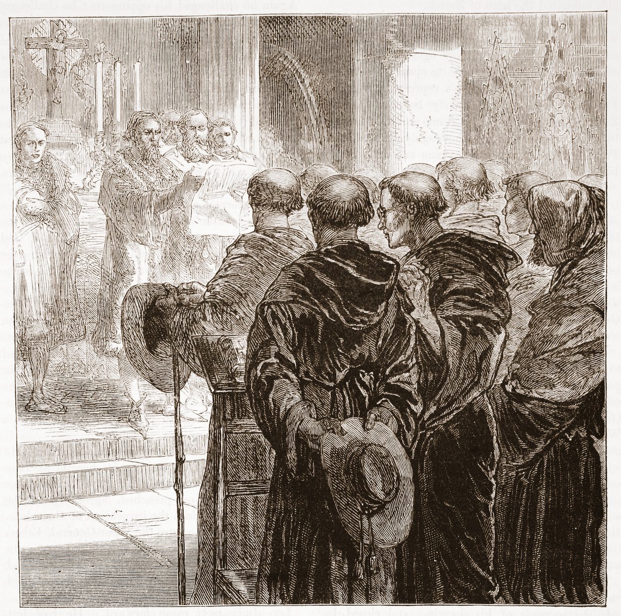 Los consejeros disolviendo la orden de los monjes agustinos en Zúrich, 1524, ilustración de La Historia del Protestantismo de James Aitken Wylie, pub. 1878 de English School
