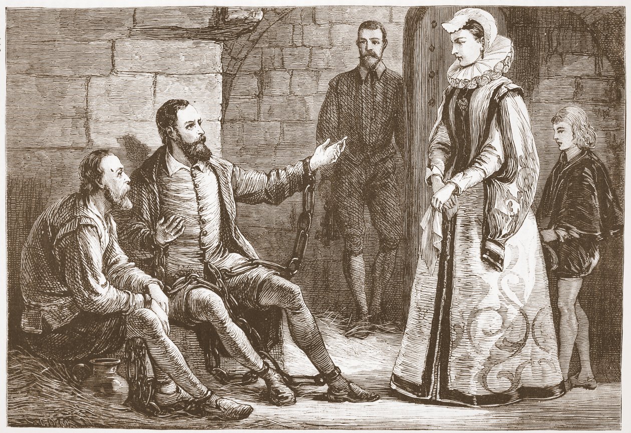La condesa de Reux visitando a De Bray y La Grange en prisión, ilustración de La Historia del Protestantismo de James Aitken Wylie (1808-1890), pub. 1878 de English School
