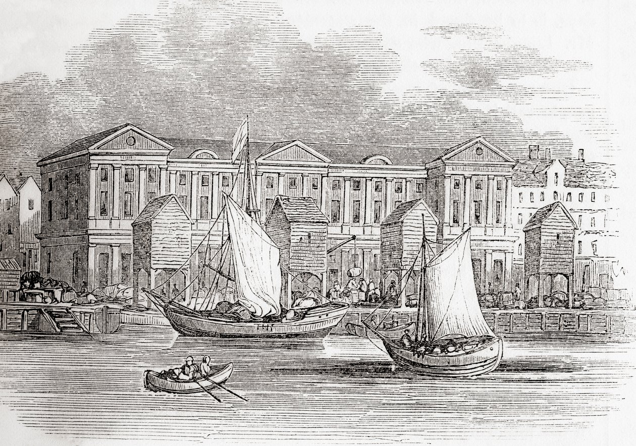 La Casa de la Aduana, Londres, Inglaterra, tal como era antes del Gran Incendio, de Old England: A Pictorial Museum, pub. 1847 de English School