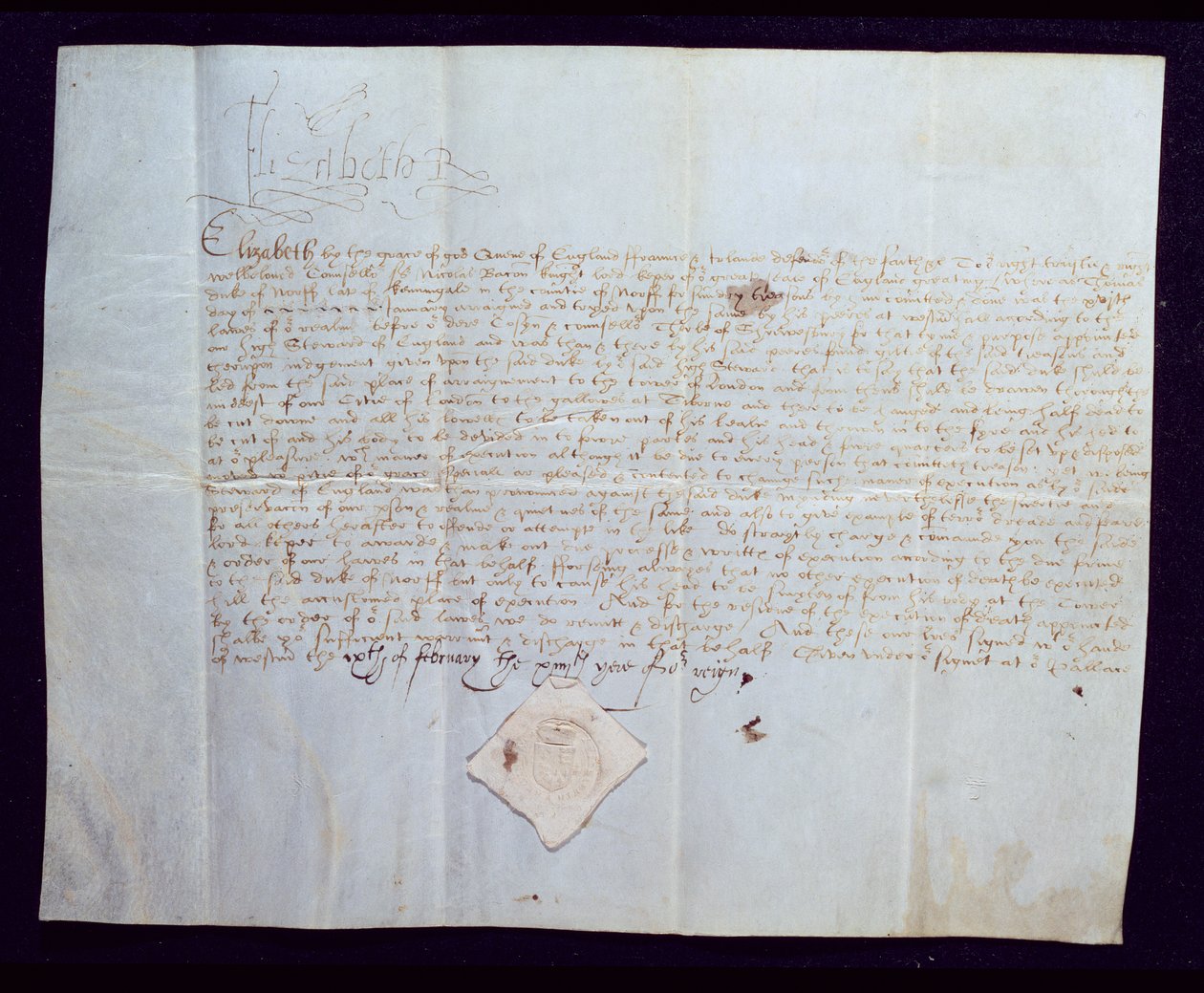Orden de ejecución de Thomas Howard, IV Duque de Norfolk, firmada por la Reina Isabel I, 1572 de English School