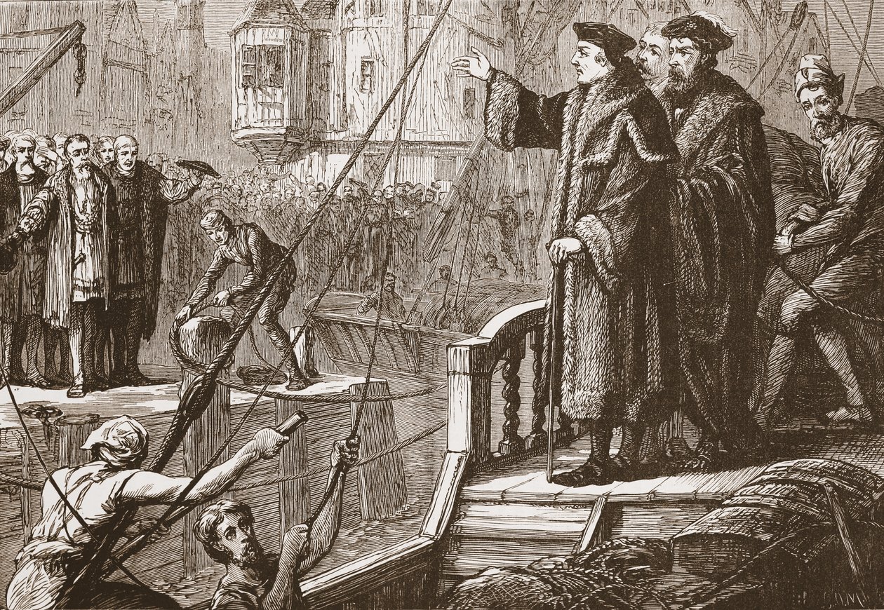 La partida de Erasmo de Basilea, ilustración de La Historia del Protestantismo de James Aitken Wylie, pub. 1878 de English School
