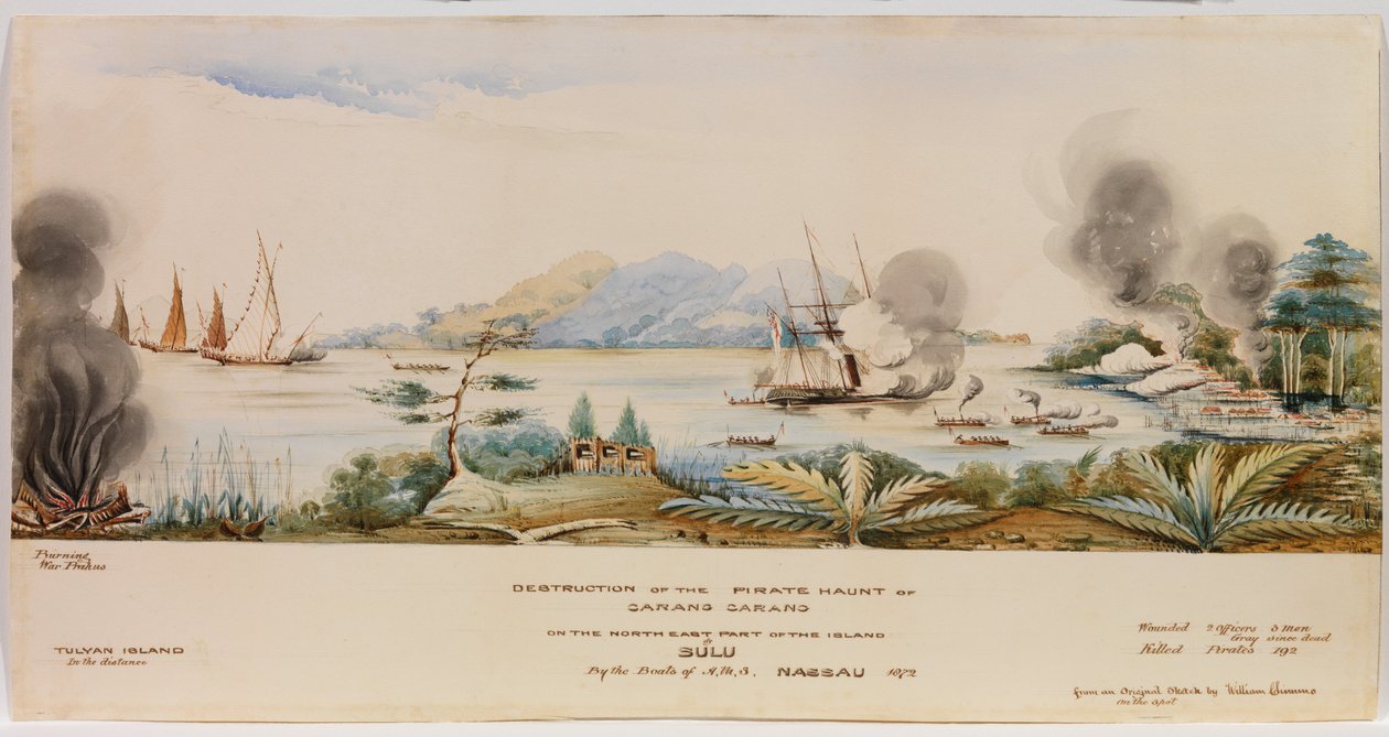 La destrucción del refugio pirata de Carang Carang en la parte noreste de la isla de Sulu por los botes del H.M.S. Nassau en 1872 de English School