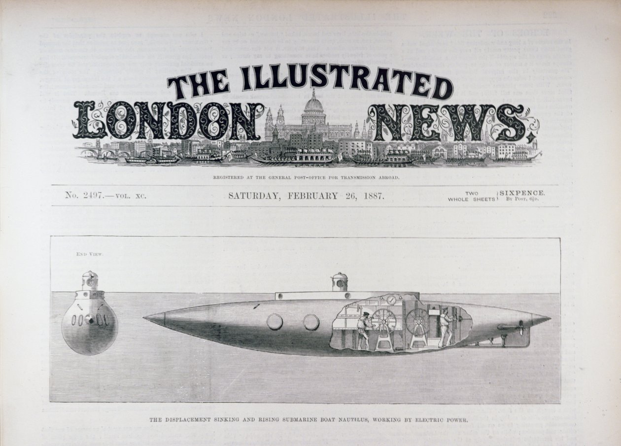 El submarino Nautilus de hundimiento y elevación por desplazamiento, funcionando con energía eléctrica, de The Illustrated London News, 26 de febrero de 1887 de English School