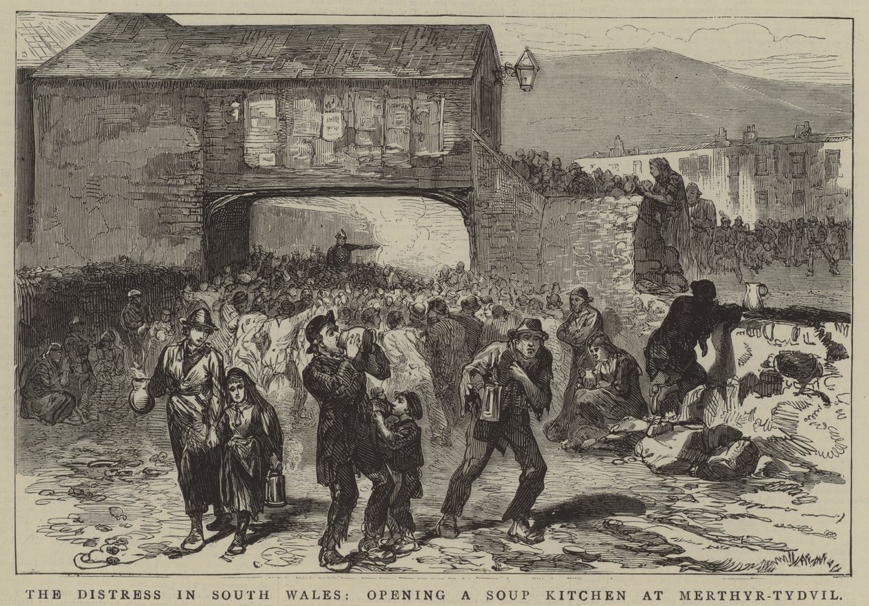 La angustia en el sur de Gales, apertura de un comedor social en Merthyr-Tydvil (grabado) de English School