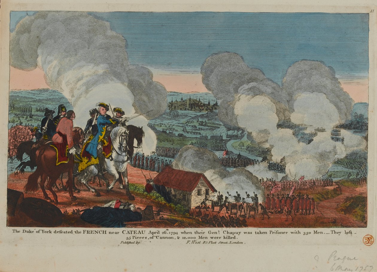 El Duque de York (1763-1827) derrotando a los franceses cerca de Cateau, 26 de abril de 1794, de una serie de escenas de la Guerra de los Siete Años publicada por F. West, 1834 de English School