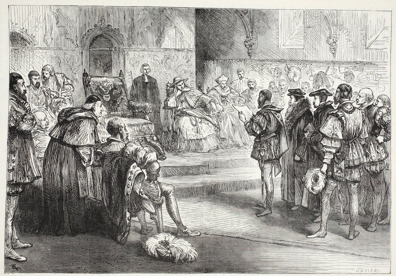 El Elector de Sajonia leyendo la protesta en la Dieta de Espira, ilustración de La Historia del Protestantismo de James Aitken Wylie, pub. 1878 de English School