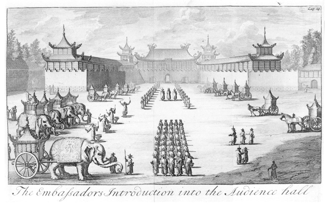 La Introducción de los Embajadores en la Sala de Audiencias: recepción en el palacio imperial chino en Beijing para la embajada del Zar Pedro el Grande liderada por Evert Isbrandz. Ides, de Tres Años de Viajes desde Mo de English School